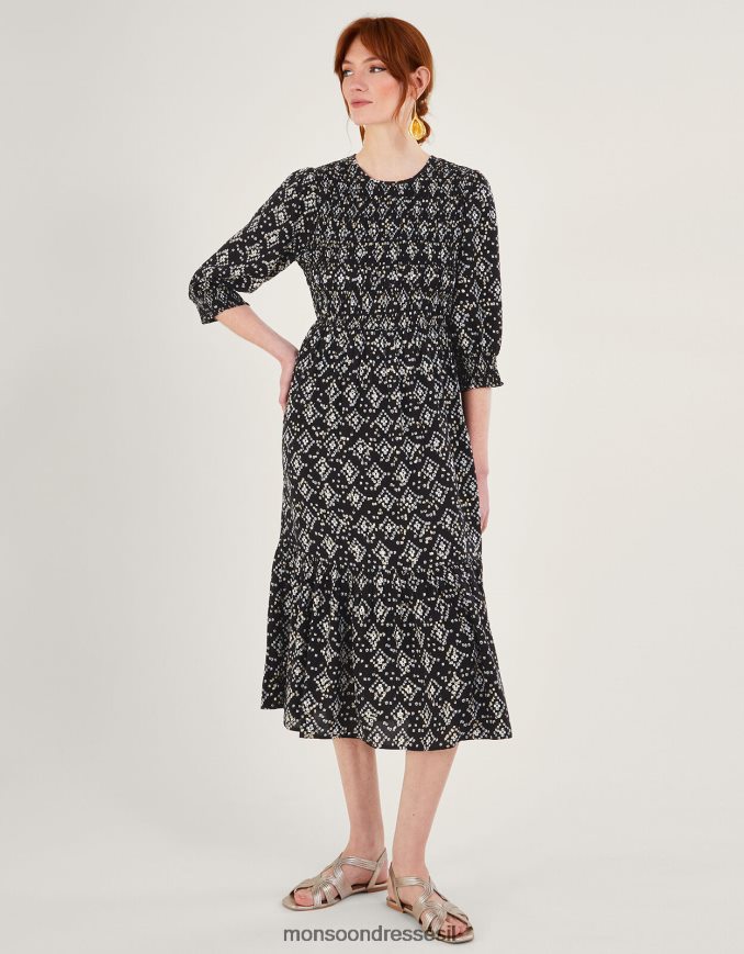 הַלבָּשָׁה Monsoon שמלה עם שרוולים 3/4 בהדפס גיאומטרי ב-lenzing ecovero שָׁחוֹר נשים HTJ0TZ1046