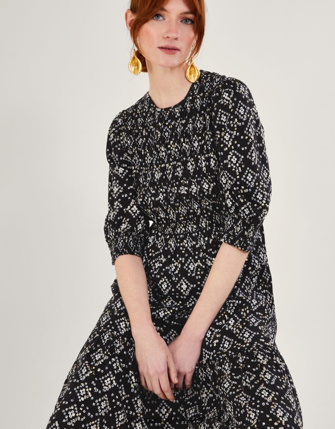 הַלבָּשָׁה Monsoon שמלה עם שרוולים 3/4 בהדפס גיאומטרי ב-lenzing ecovero שָׁחוֹר נשים HTJ0TZ1046