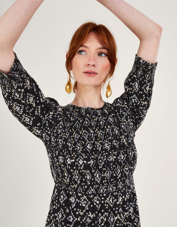 הַלבָּשָׁה Monsoon שמלה עם שרוולים 3/4 בהדפס גיאומטרי ב-lenzing ecovero שָׁחוֹר נשים HTJ0TZ1046