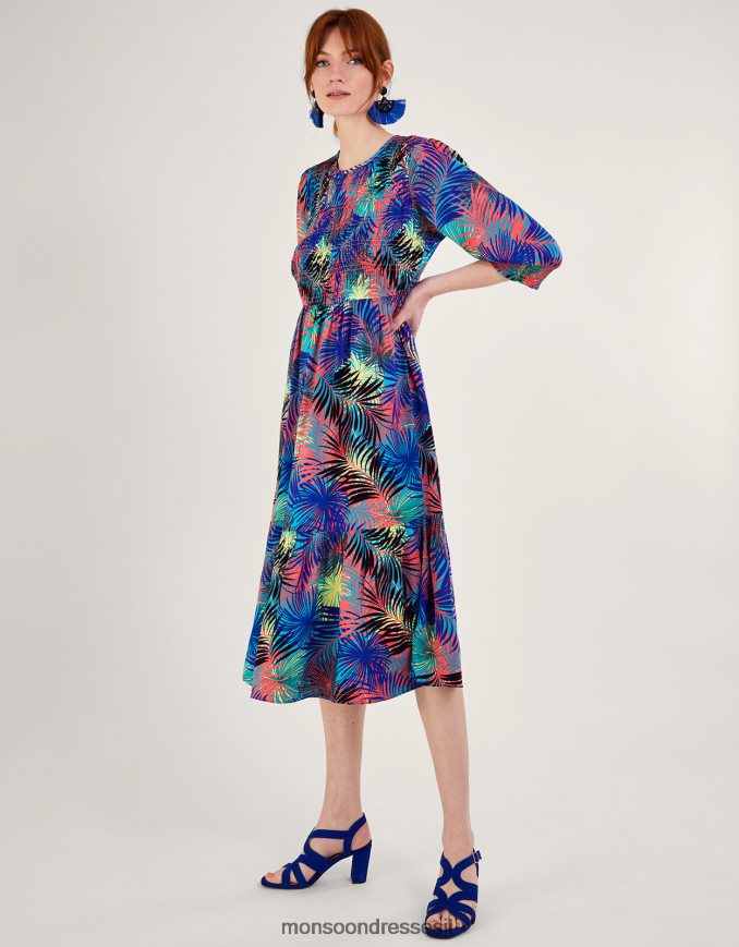 הַלבָּשָׁה Monsoon שמלה עם שרוול 3/4 מודפס בכף היד ב-lenzing ecovero כְּחוֹל נשים HTJ0TZ966