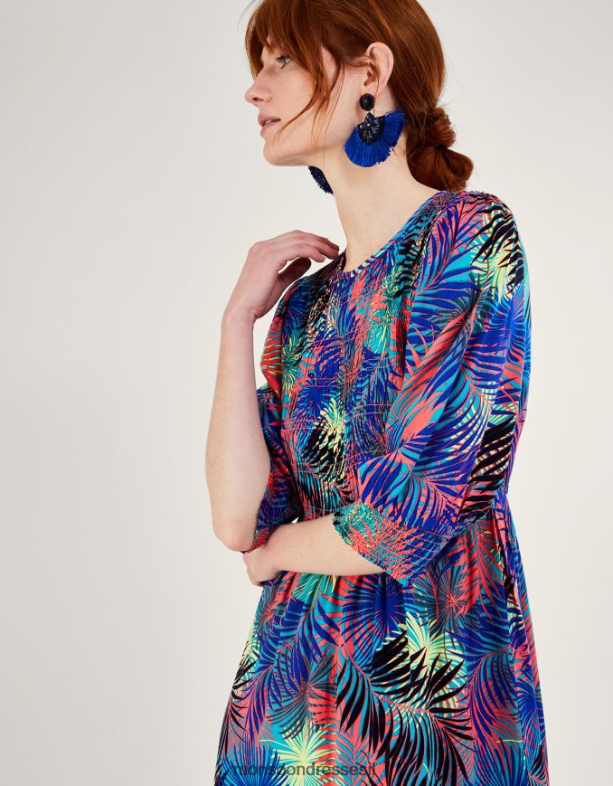 הַלבָּשָׁה Monsoon שמלה עם שרוול 3/4 מודפס בכף היד ב-lenzing ecovero כְּחוֹל נשים HTJ0TZ966