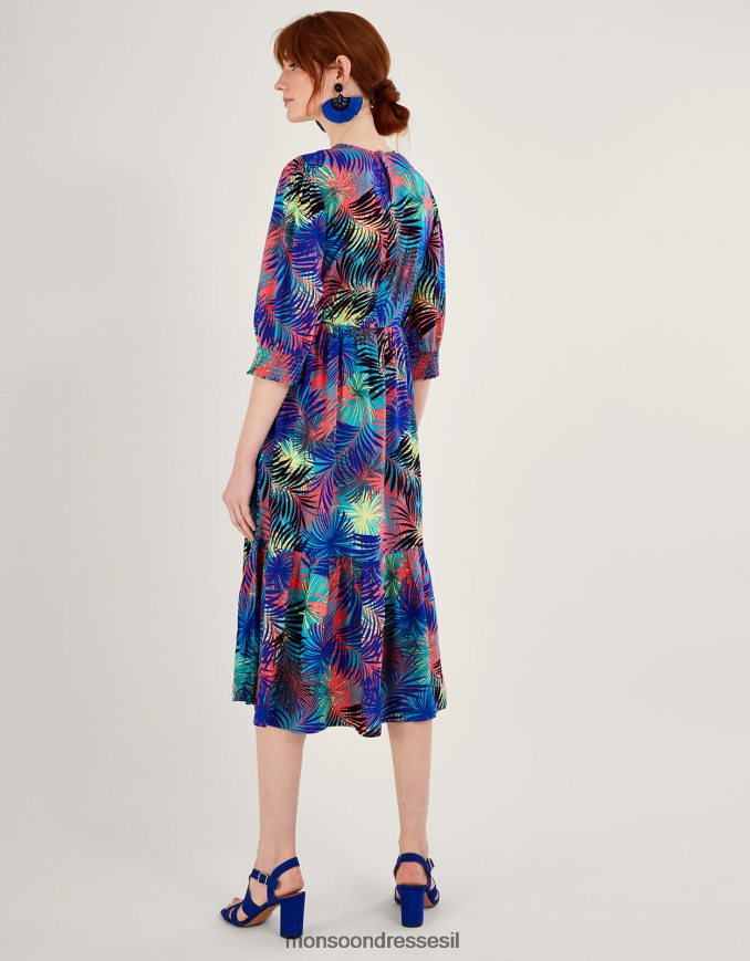 הַלבָּשָׁה Monsoon שמלה עם שרוול 3/4 מודפס בכף היד ב-lenzing ecovero כְּחוֹל נשים HTJ0TZ966