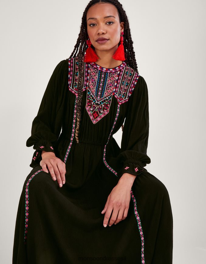 הַלבָּשָׁה Monsoon שמלת מקסי רקומה ניאון שָׁחוֹר נשים HTJ0TZ10