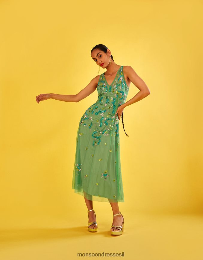 הַלבָּשָׁה Monsoon שמלת מידי מעוטרת אמנדה בפוליאסטר ממוחזר ירוק נשים HTJ0TZ1000