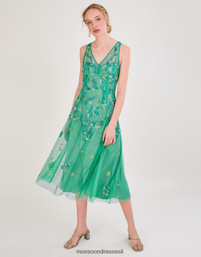 הַלבָּשָׁה Monsoon שמלת מידי מעוטרת אמנדה בפוליאסטר ממוחזר ירוק נשים HTJ0TZ1000