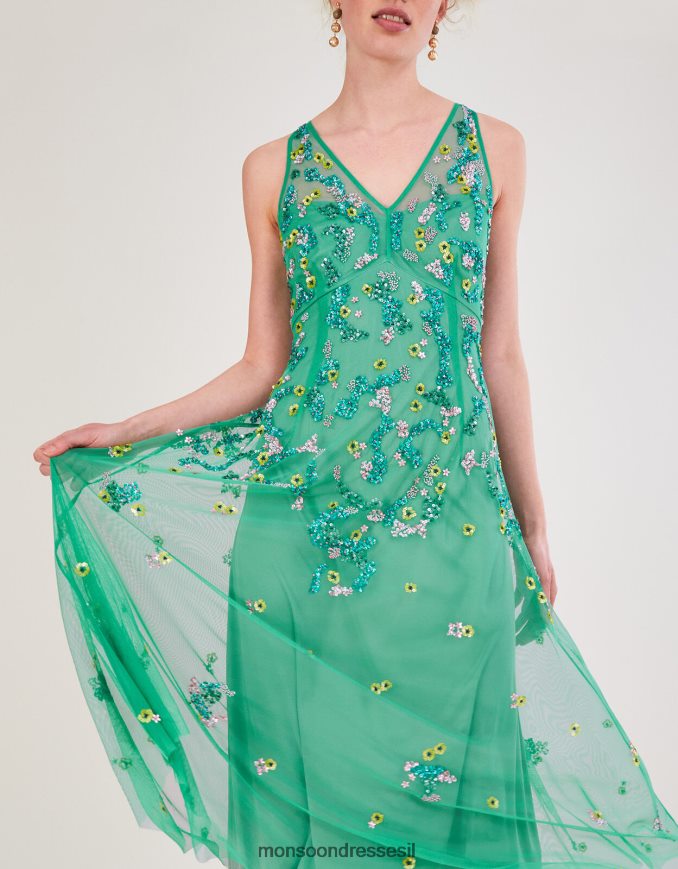 הַלבָּשָׁה Monsoon שמלת מידי מעוטרת אמנדה בפוליאסטר ממוחזר ירוק נשים HTJ0TZ1000