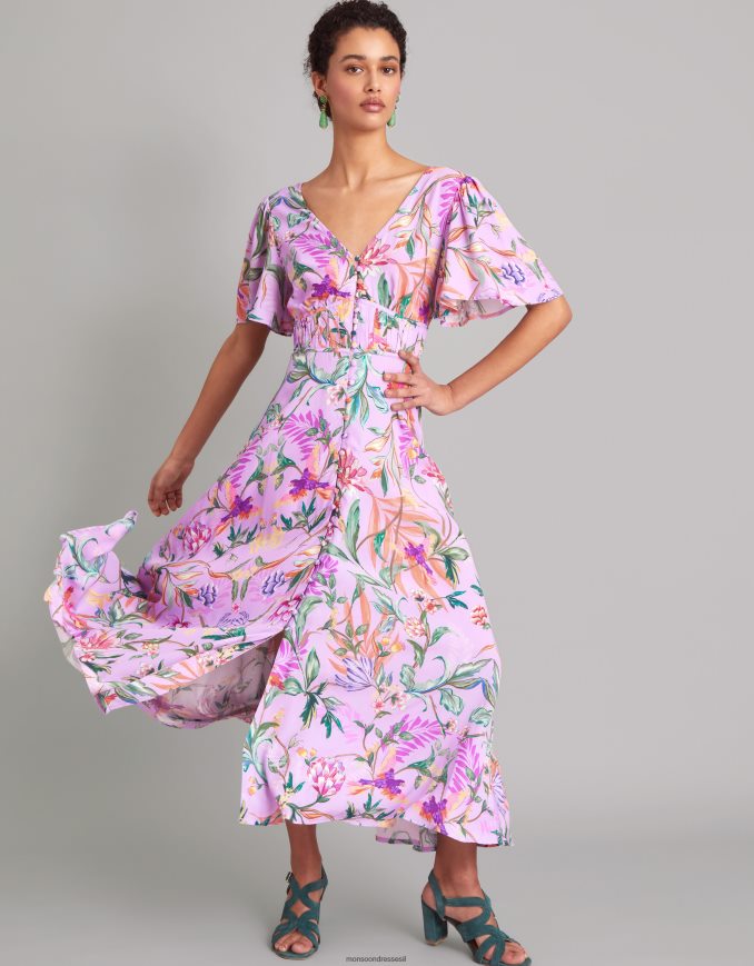 הַלבָּשָׁה Monsoon שמלת מידי בהדפס קליפסו בוויסקוזה בת קיימא סגול (לילך) נשים HTJ0TZ1001