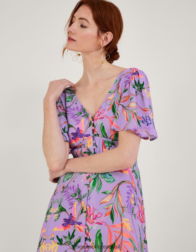 הַלבָּשָׁה Monsoon שמלת מידי בהדפס קליפסו בוויסקוזה בת קיימא סגול (לילך) נשים HTJ0TZ1001