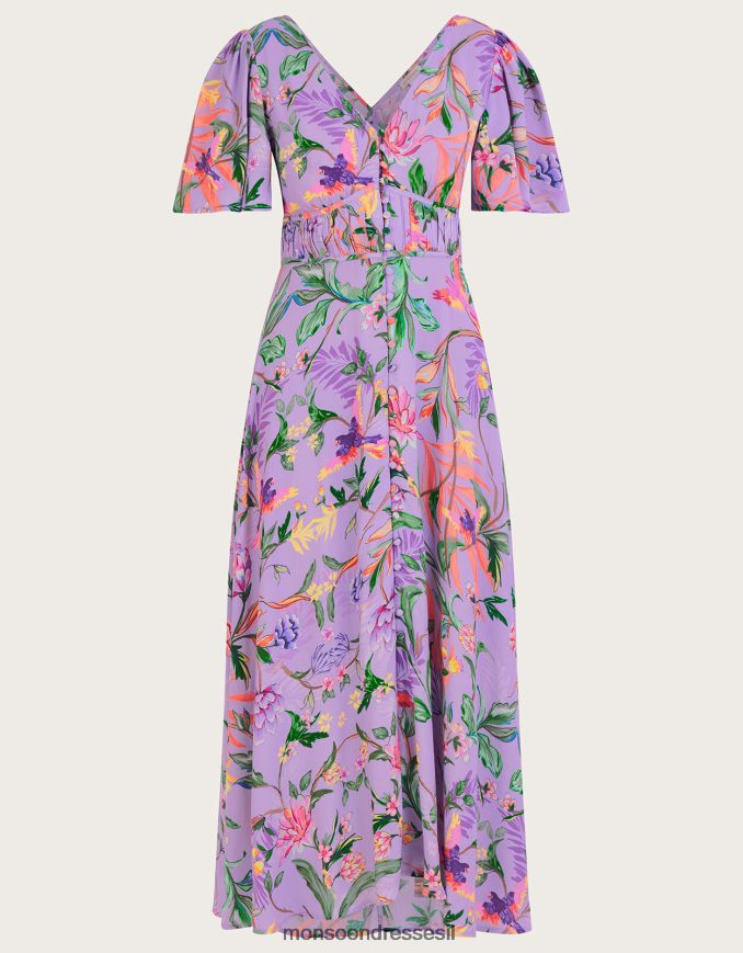 הַלבָּשָׁה Monsoon שמלת מידי בהדפס קליפסו בוויסקוזה בת קיימא סגול (לילך) נשים HTJ0TZ1001