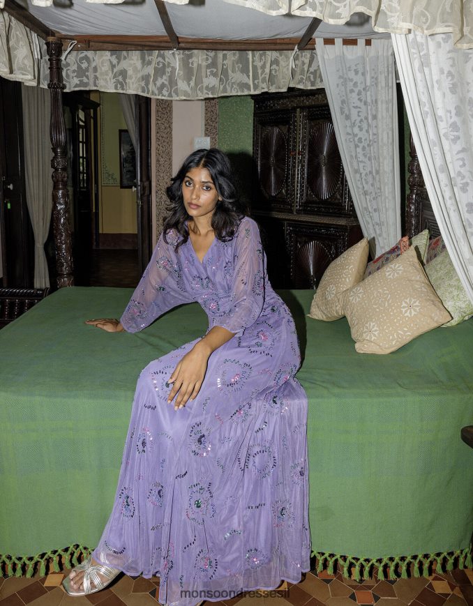 הַלבָּשָׁה Monsoon שמלת מקסי מעוטרת בפגי מפוליאסטר ממוחזר סָגוֹל נשים HTJ0TZ1002