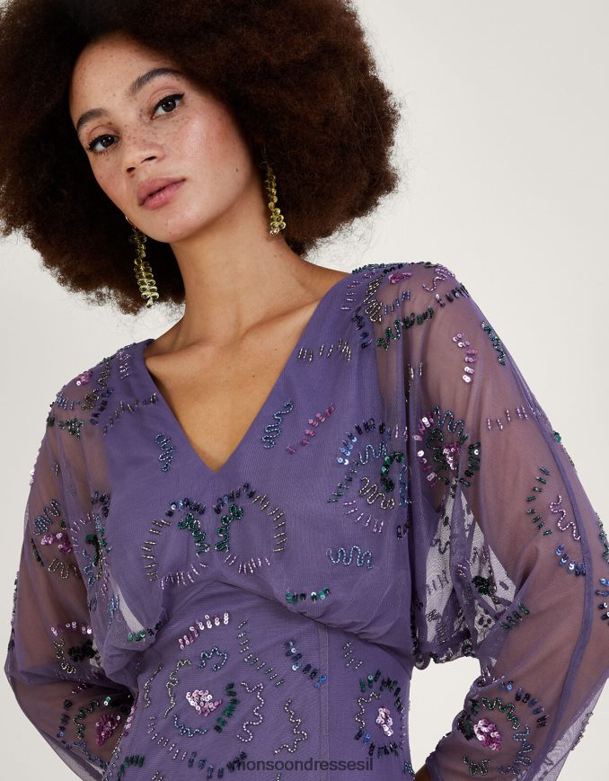 הַלבָּשָׁה Monsoon שמלת מקסי מעוטרת בפגי מפוליאסטר ממוחזר סָגוֹל נשים HTJ0TZ1002