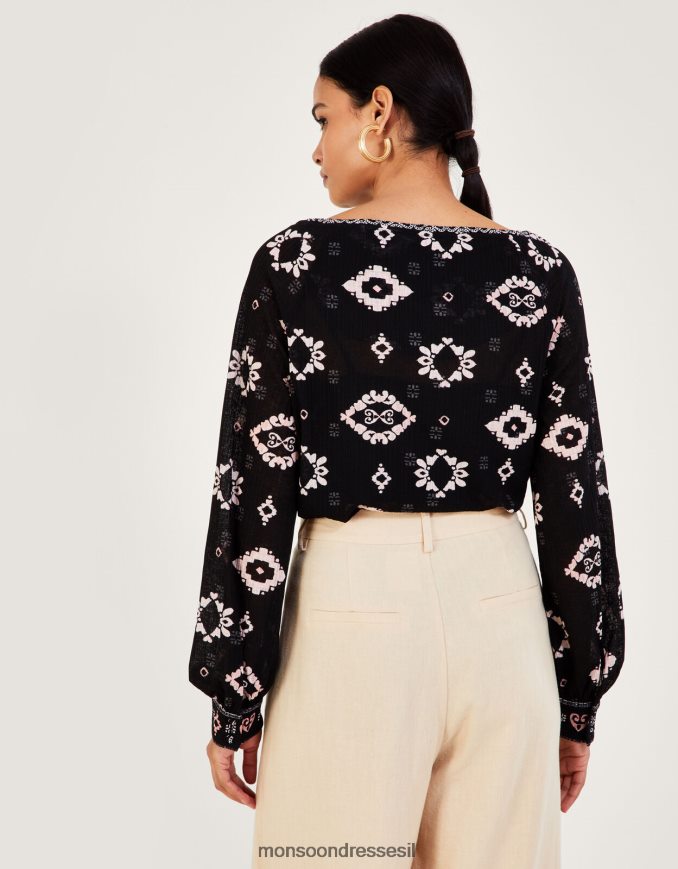 הַלבָּשָׁה Monsoon חלק עליון ג'רסי גיאומטרי עם פוליאסטר ממוחזר שָׁחוֹר נשים HTJ0TZ1008
