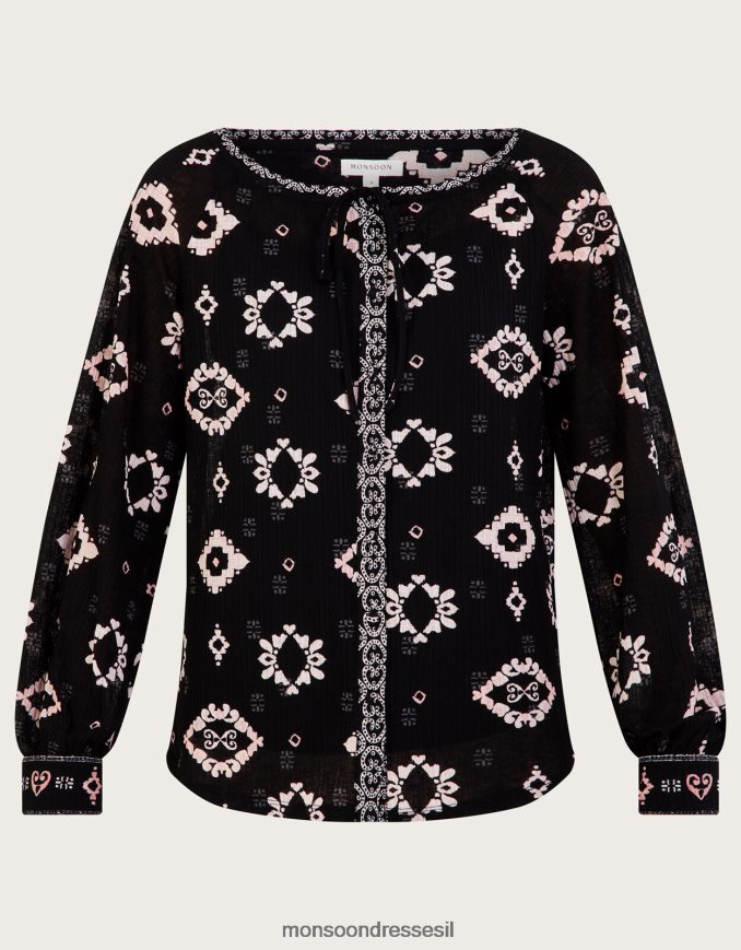 הַלבָּשָׁה Monsoon חלק עליון ג'רסי גיאומטרי עם פוליאסטר ממוחזר שָׁחוֹר נשים HTJ0TZ1008