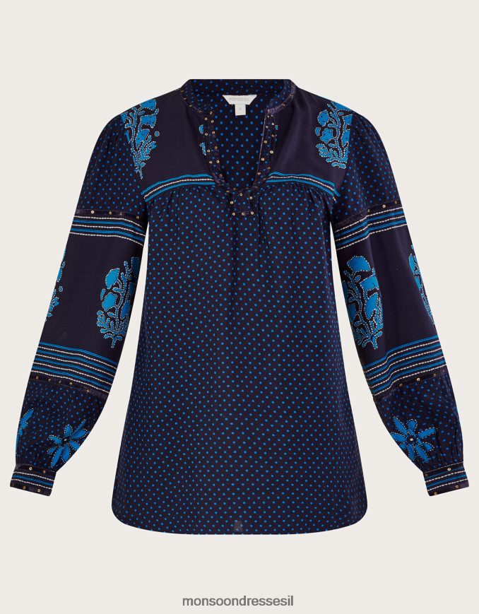 הַלבָּשָׁה Monsoon חלק עליון עם הדפס מעוטר עלי כותרת כְּחוֹל נשים HTJ0TZ1012