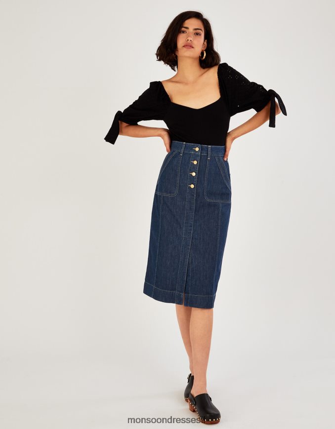 הַלבָּשָׁה Monsoon חצאית כפתור ג'ינס חלק מכותנה אורגנית כחול (כחול ג'ינס) נשים HTJ0TZ1025