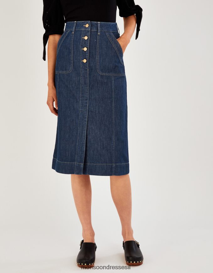 הַלבָּשָׁה Monsoon חצאית כפתור ג'ינס חלק מכותנה אורגנית כחול (כחול ג'ינס) נשים HTJ0TZ1025