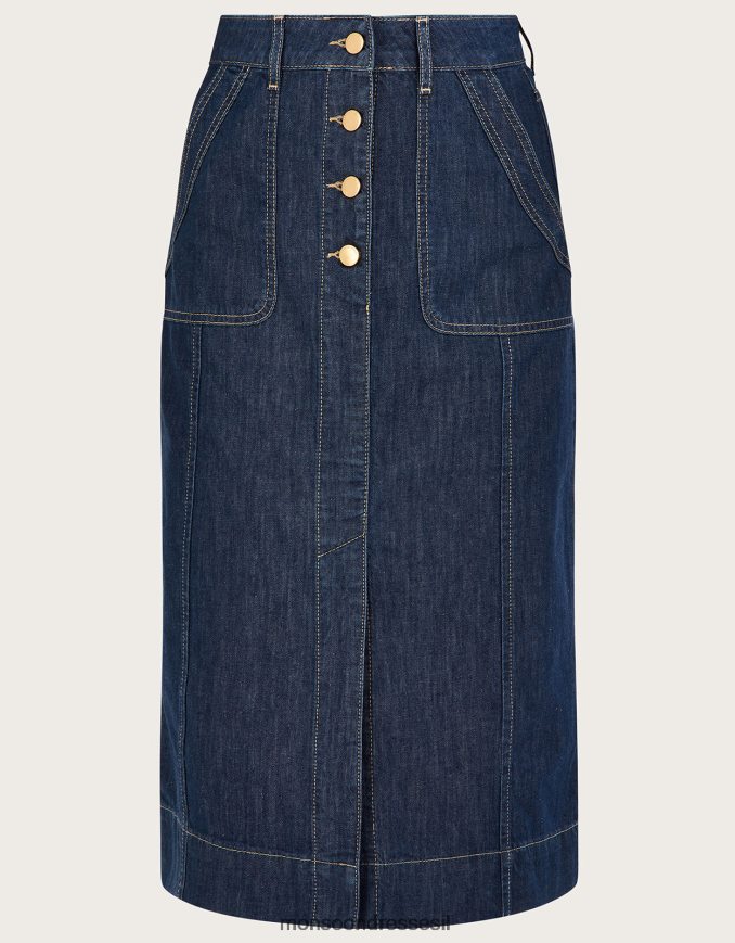 הַלבָּשָׁה Monsoon חצאית כפתור ג'ינס חלק מכותנה אורגנית כחול (כחול ג'ינס) נשים HTJ0TZ1025