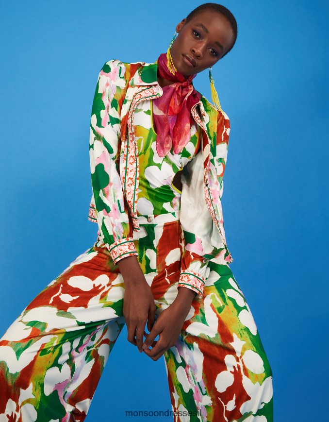 הַלבָּשָׁה Monsoon ז'קט ג'רסי פרחוני הולדן עם פוליאסטר ממוחזר ירוק נשים HTJ0TZ1026