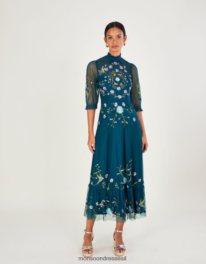 הַלבָּשָׁה Monsoon שמלת מידי רקומה של פרנצ'סקה כְּחוֹל נשים HTJ0TZ1033