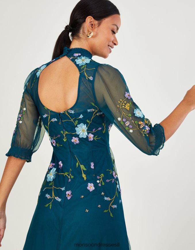 הַלבָּשָׁה Monsoon שמלת מידי רקומה של פרנצ'סקה כְּחוֹל נשים HTJ0TZ1033