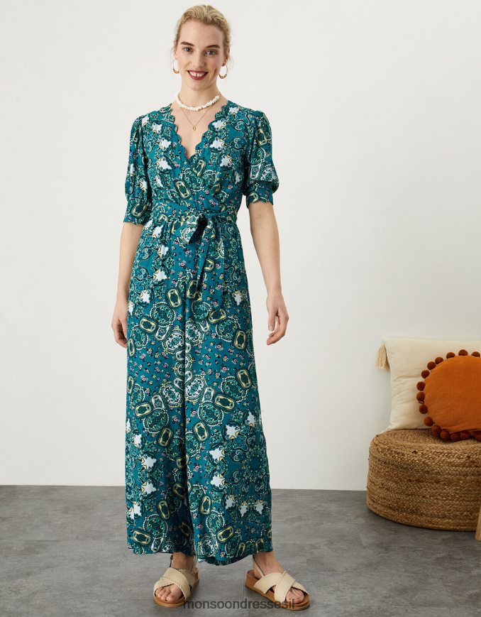 הַלבָּשָׁה Monsoon סרבל בהדפס סקאלופ ירוק כחלחל נשים HTJ0TZ1034