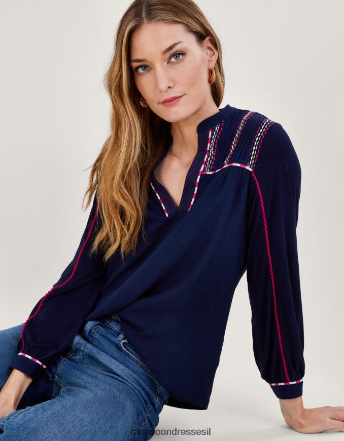 הַלבָּשָׁה Monsoon חולצת ג'רסי עם שרוול סרט רקום כחול (צי) נשים HTJ0TZ1037