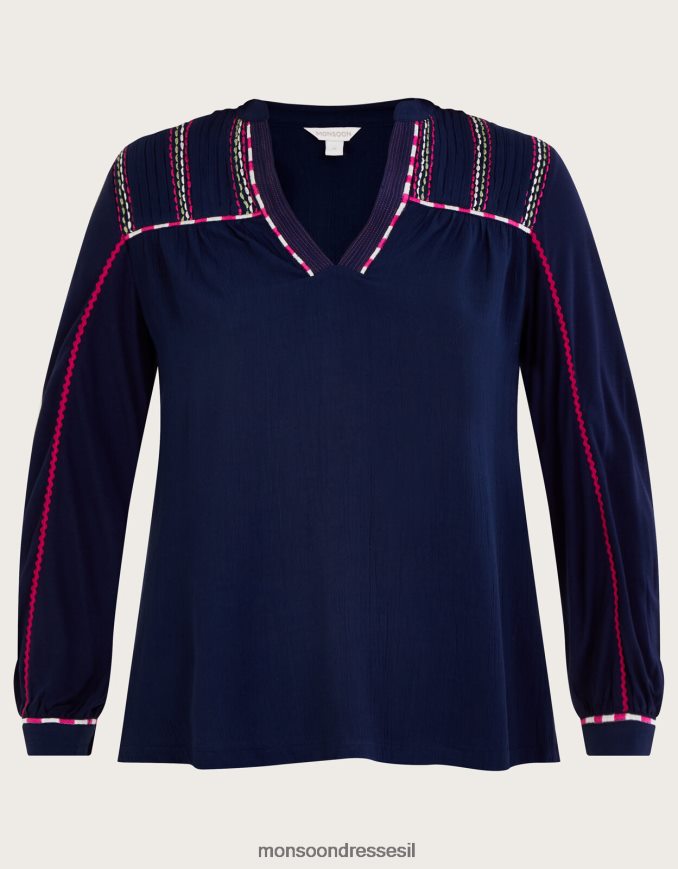 הַלבָּשָׁה Monsoon חולצת ג'רסי עם שרוול סרט רקום כחול (צי) נשים HTJ0TZ1037