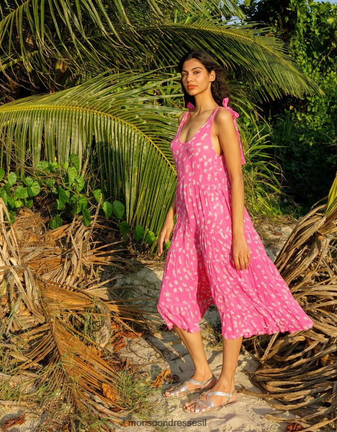 הַלבָּשָׁה Monsoon שמלת מידי מדורגת בהדפס בטיק וָרוֹד נשים HTJ0TZ1045