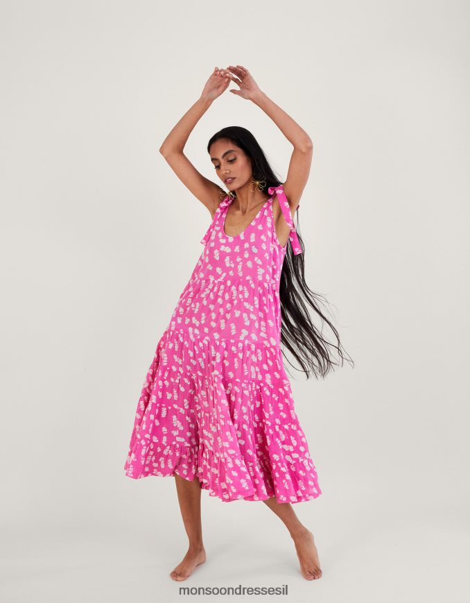 הַלבָּשָׁה Monsoon שמלת מידי מדורגת בהדפס בטיק וָרוֹד נשים HTJ0TZ1045