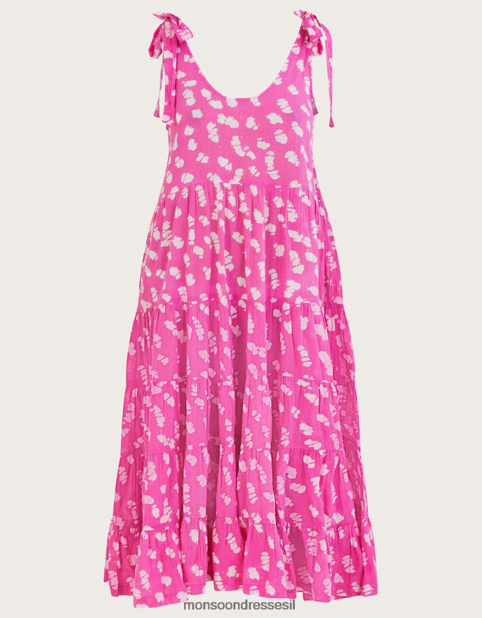 הַלבָּשָׁה Monsoon שמלת מידי מדורגת בהדפס בטיק וָרוֹד נשים HTJ0TZ1045
