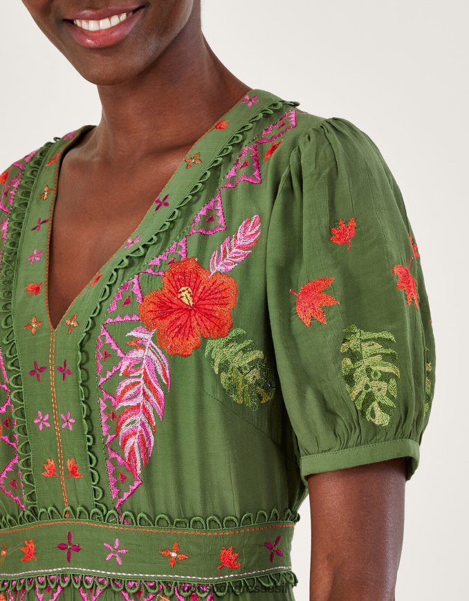 הַלבָּשָׁה Monsoon שמלת תה רקומה פרחונית של פארה ירוק נשים HTJ0TZ1055