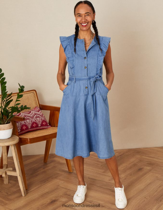 הַלבָּשָׁה Monsoon שמלת שמש עם שרוול ג'ינס בכותנה בת קיימא כחול (כחול ג'ינס) נשים HTJ0TZ1067