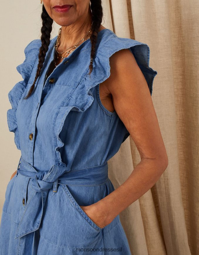 הַלבָּשָׁה Monsoon שמלת שמש עם שרוול ג'ינס בכותנה בת קיימא כחול (כחול ג'ינס) נשים HTJ0TZ1067