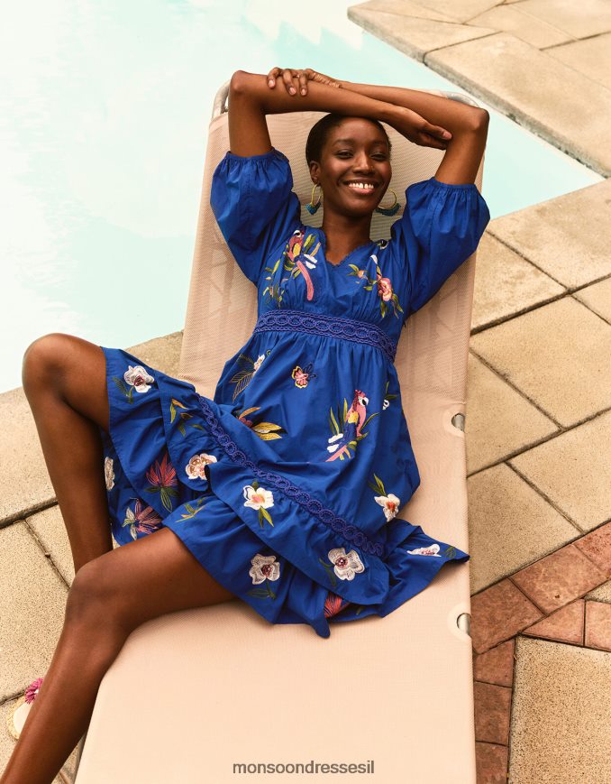 הַלבָּשָׁה Monsoon שמלת מכפלת רקומה של אלי כחול (קובלט) נשים HTJ0TZ1068