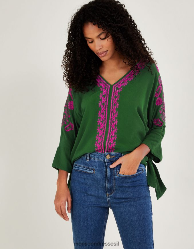 הַלבָּשָׁה Monsoon חלק עליון רקום כריסטינה בוויסקוזה בר קיימא ירוק נשים HTJ0TZ1077