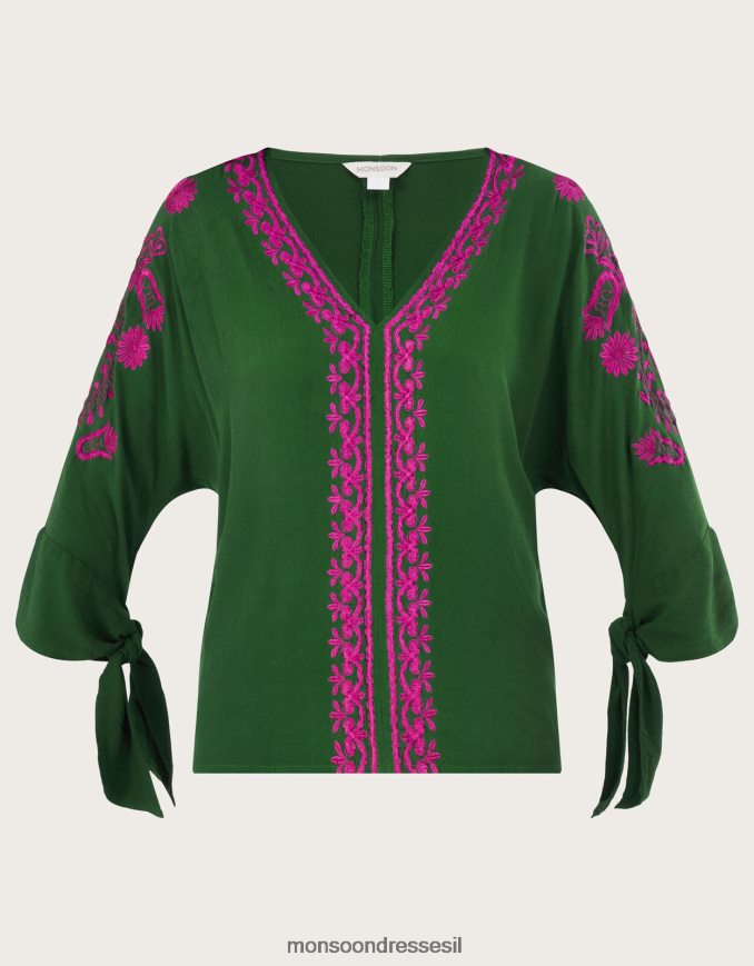 הַלבָּשָׁה Monsoon חלק עליון רקום כריסטינה בוויסקוזה בר קיימא ירוק נשים HTJ0TZ1077