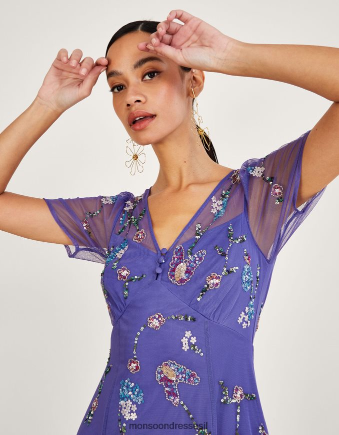 הַלבָּשָׁה Monsoon שמלת מידי מעוטרת קאתי בפוליאסטר ממוחזר כְּחוֹל נשים HTJ0TZ1088