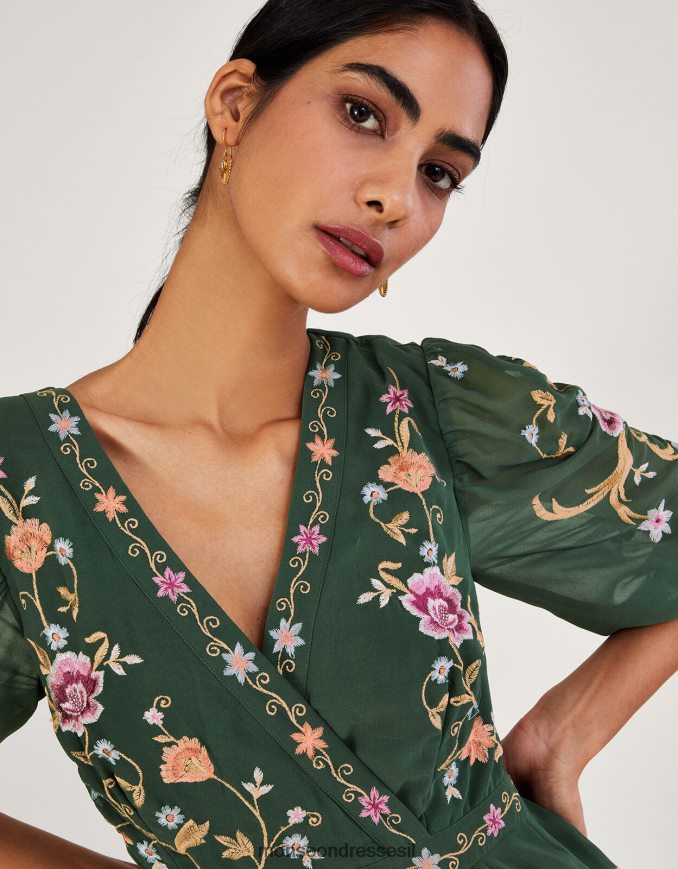 הַלבָּשָׁה Monsoon שמלת מעטפת רקומה של כריסטל בפוליאסטר ממוחזר ירוק נשים HTJ0TZ1089