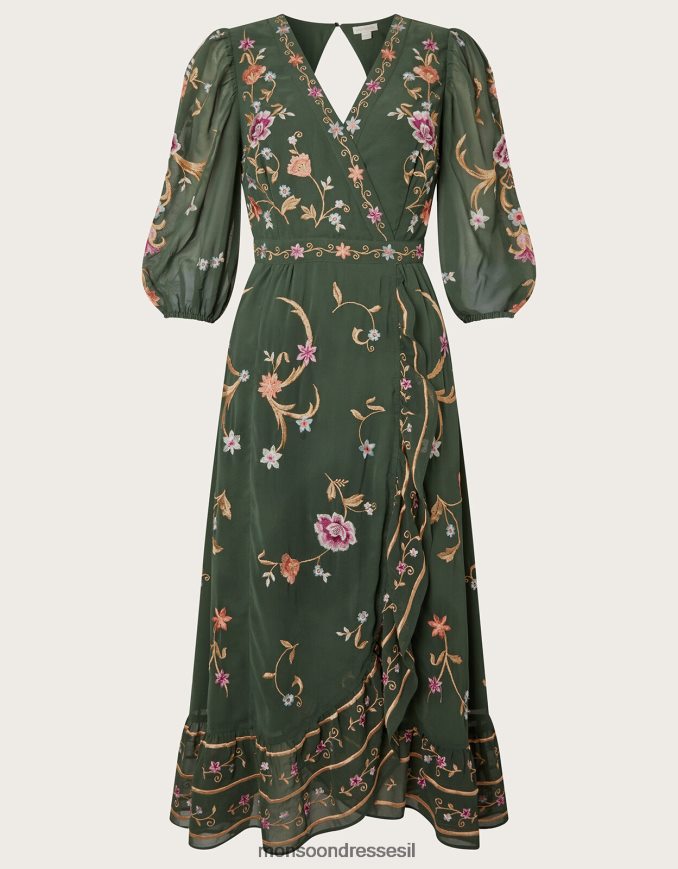 הַלבָּשָׁה Monsoon שמלת מעטפת רקומה של כריסטל בפוליאסטר ממוחזר ירוק נשים HTJ0TZ1089