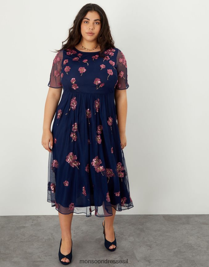 הַלבָּשָׁה Monsoon שמלת מידי מעוטרת אודם בפוליאסטר ממוחזר כחול (צי) נשים HTJ0TZ1100