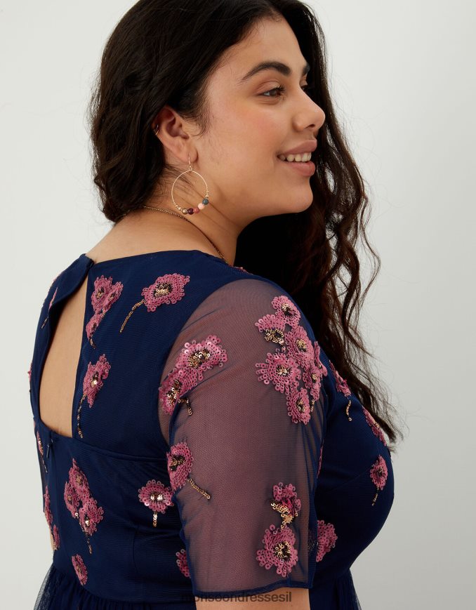 הַלבָּשָׁה Monsoon שמלת מידי מעוטרת אודם בפוליאסטר ממוחזר כחול (צי) נשים HTJ0TZ1100