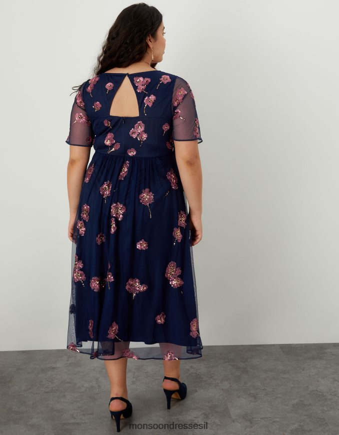 הַלבָּשָׁה Monsoon שמלת מידי מעוטרת אודם בפוליאסטר ממוחזר כחול (צי) נשים HTJ0TZ1100