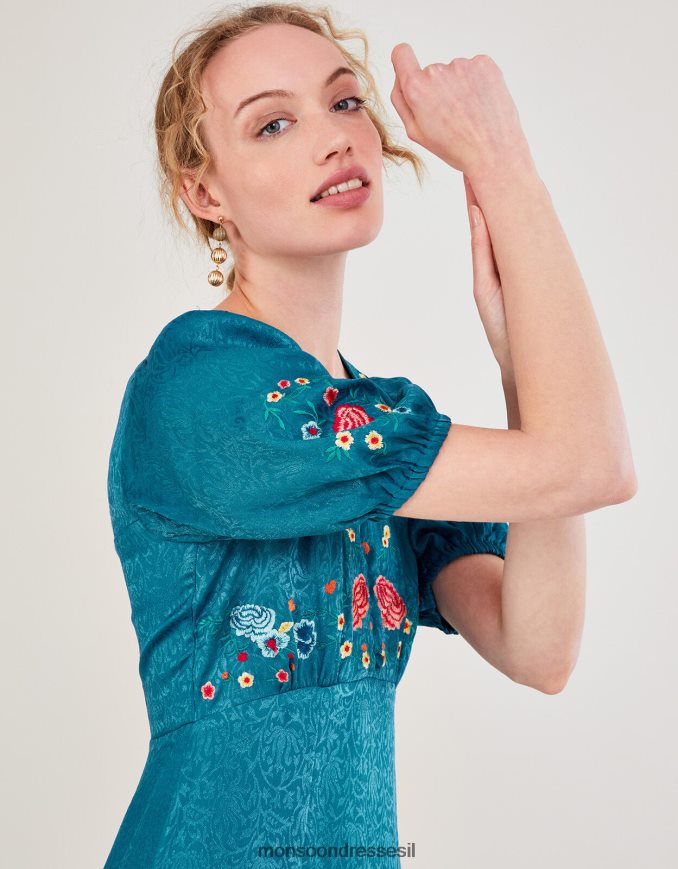 הַלבָּשָׁה Monsoon שמלת מידי רקומה ג'ולייטה מפוליאסטר ממוחזר ירוק כחלחל נשים HTJ0TZ1104