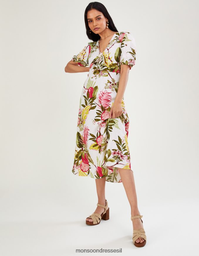 הַלבָּשָׁה Monsoon שמלת רימון אליאנה בתערובת פשתן שֶׁנהָב נשים HTJ0TZ1105