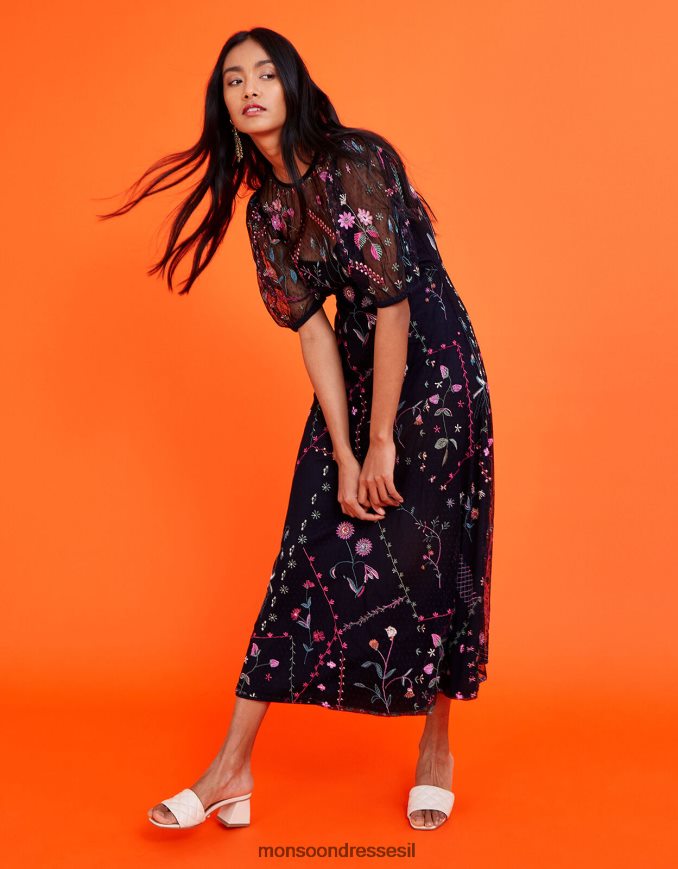 הַלבָּשָׁה Monsoon שמלת מידי רקומה פולי כחול (צי) נשים HTJ0TZ1106