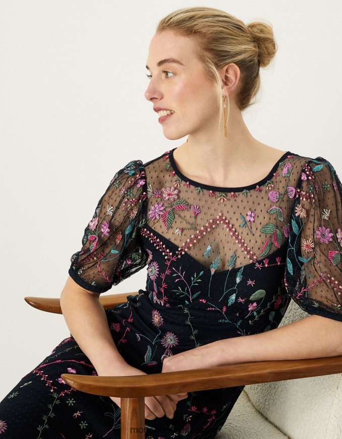 הַלבָּשָׁה Monsoon שמלת מידי רקומה פולי כחול (צי) נשים HTJ0TZ1106