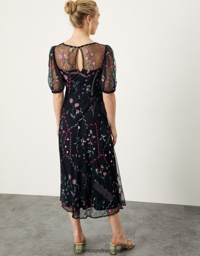 הַלבָּשָׁה Monsoon שמלת מידי רקומה פולי כחול (צי) נשים HTJ0TZ1106