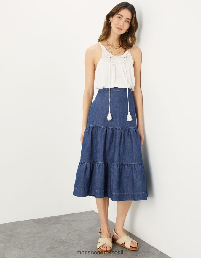 הַלבָּשָׁה Monsoon חצאית מידי מדורגת מג'ינס קנבוס כחול (כחול ג'ינס) נשים HTJ0TZ1107