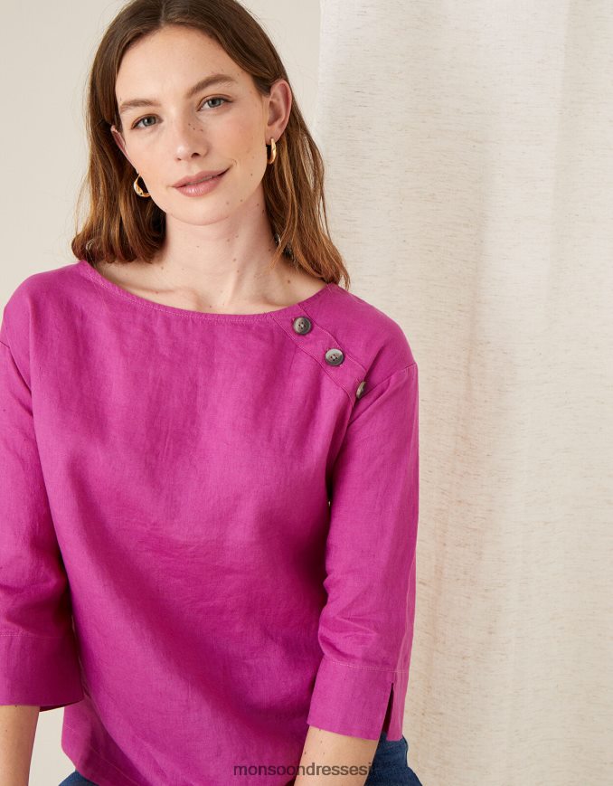 הַלבָּשָׁה Monsoon חולצת טריקו ארוכת רוזווד בפשתן טהור ורוד (מגנטה) נשים HTJ0TZ1108