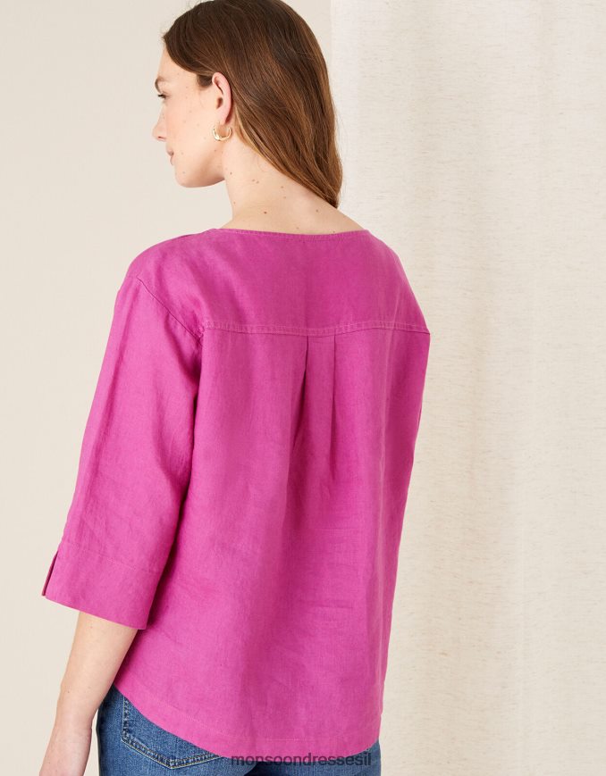 הַלבָּשָׁה Monsoon חולצת טריקו ארוכת רוזווד בפשתן טהור ורוד (מגנטה) נשים HTJ0TZ1108